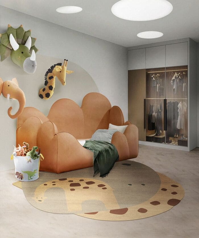 A modern kids bedroom inspired by the fun of the jugnle adventures and relationship with animals.