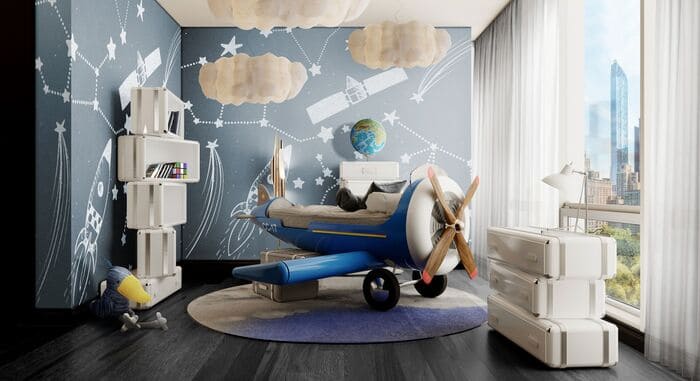 The Sky One Plane is an airplane-themed kids' bed with a playful design that it’s both didactic and fun. An airplane inspired decoration for kids’ rooms is perfect to encourage the little explorers to develop their creativity. The body is entirely made of fiberglass with glossy varnish applied and chrome plated finishes in the engine and wheels. The decorative suitcases include secret storage compartments and allow easy access to the bed. The Sky One Plane makes the crib-to-bed transition as painless as possible.