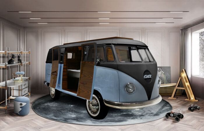 The Bun Van is a complete bedroom set for a children’s space. Inspired by the iconic 60’s camper van Fillmore from the Disney movie “Cars”, this unique kids' bed will bring a total experience of fun and play to the kids' bedrooms. The exterior is produced in fiberglass with chrome-plated finishes and the inside is made of palisander wood veneer, containing several storage compartments, a bed, a TV, a desk, a minibar, and a sofa.