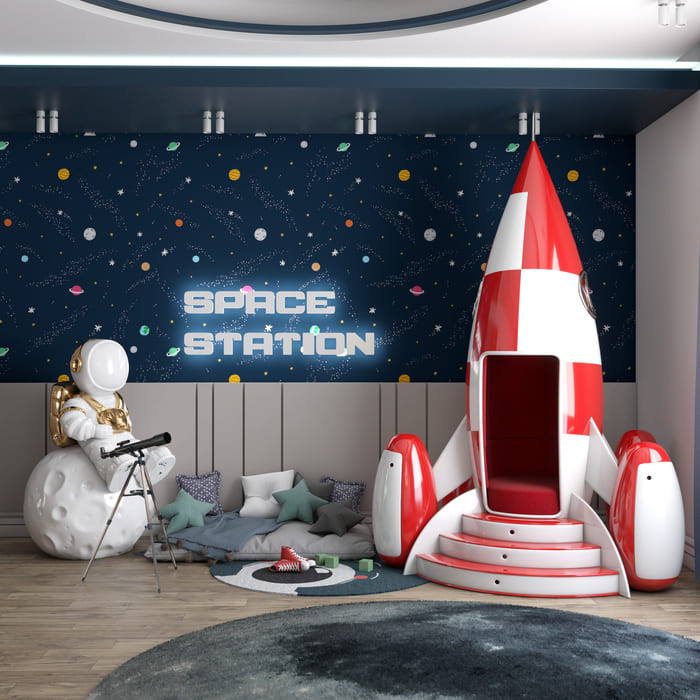A modern kids' playroom with the magical presence of the Rocky Rocket Sofa / Chair.