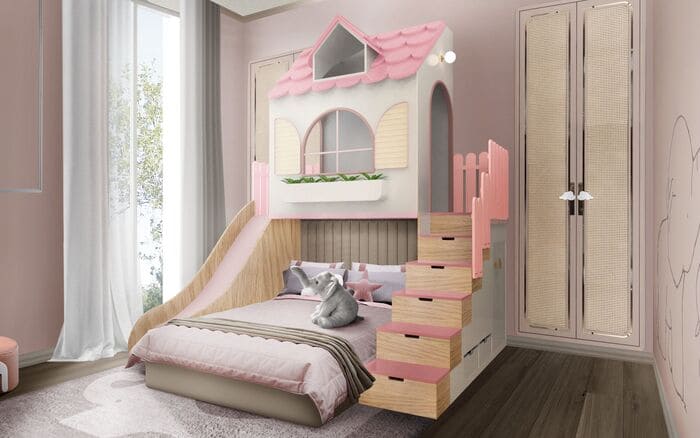 Dolly Playhouse is a luxury kid bed specially made to ensure that kids have the ultimate fun in their bedroom. Inspired by the infamous dollhouses, the Dolly Playhouse bed is a modern version of a kid's playhouse, specially made for little ones who want their own little house adventure and have a full space to themselves.